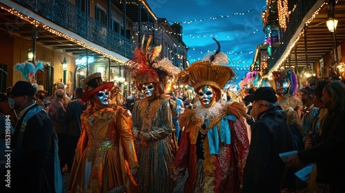Masquerade Revelers in a Festive Nighttime Street