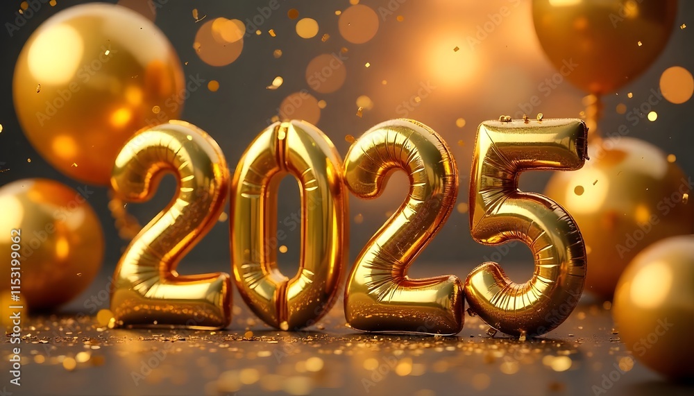 Gold Happy New Year 2025 message balloons with decoration party. symbolizes the start of the new year. 2025 New year greeting card in golden. Gold Happy New Year 2025 message balloons with decoration party. symbolizes the start of the new year. 2025 New year greeting card in golden.