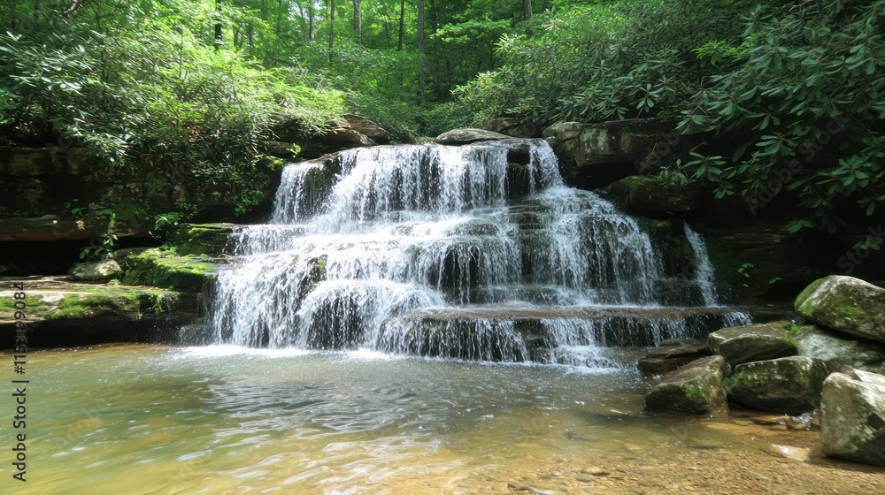 A serene waterfall cascading over rocks in a lush, green forest. A serene waterfall cascading over rocks in a lush, green forest.