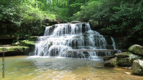 A serene waterfall cascading over rocks in a lush, green forest.