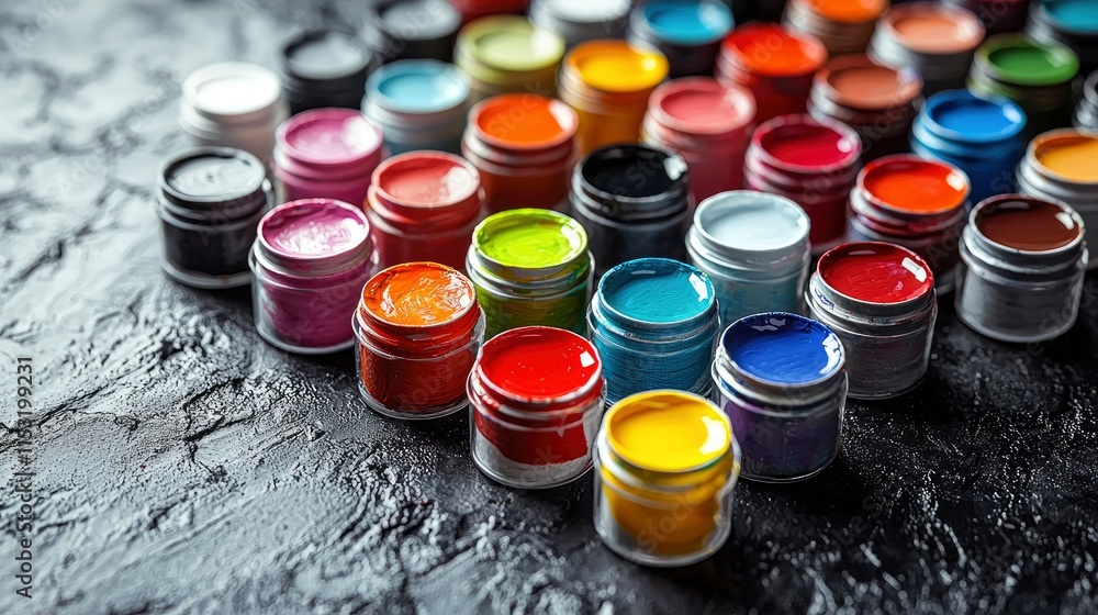Vibrant paint pots arranged on a dark backdrop. Ideal for art supply ads or creative project visuals. Vibrant paint pots arranged on a dark backdrop. Ideal for art supply ads or creative project visuals.