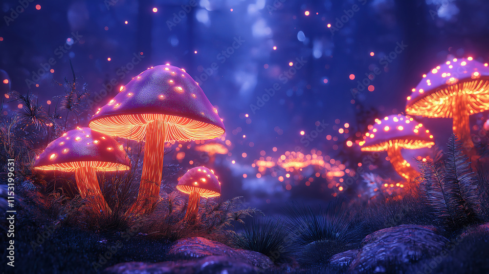 Illuminated Mushrooms in a Mystical Forest at Night, A captivating image of glowing mushrooms nestled within a dark, enchanted forest at night. Illuminated Mushrooms in a Mystical Forest at Night, A captivating image of glowing mushrooms nestled within a dark, enchanted forest at night.
