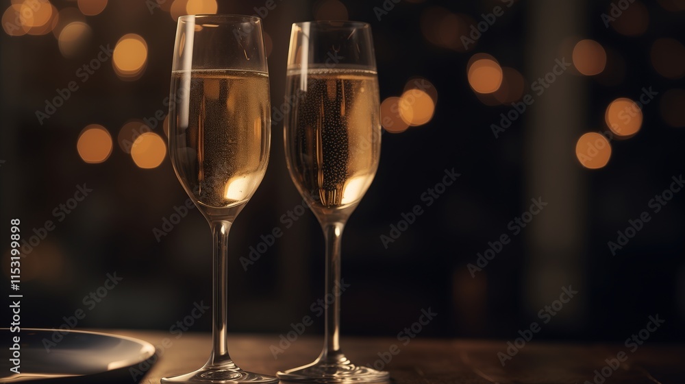 Two glasses of champagne on the table against a dark background with bokeh lights Two glasses of champagne on the table against a dark background with bokeh lights