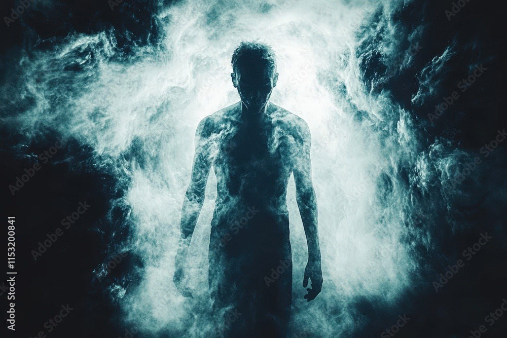 Fototapeta premium Silhouette of a male figure emerging from swirling smoke, creating a mysterious and ethereal atmosphere.