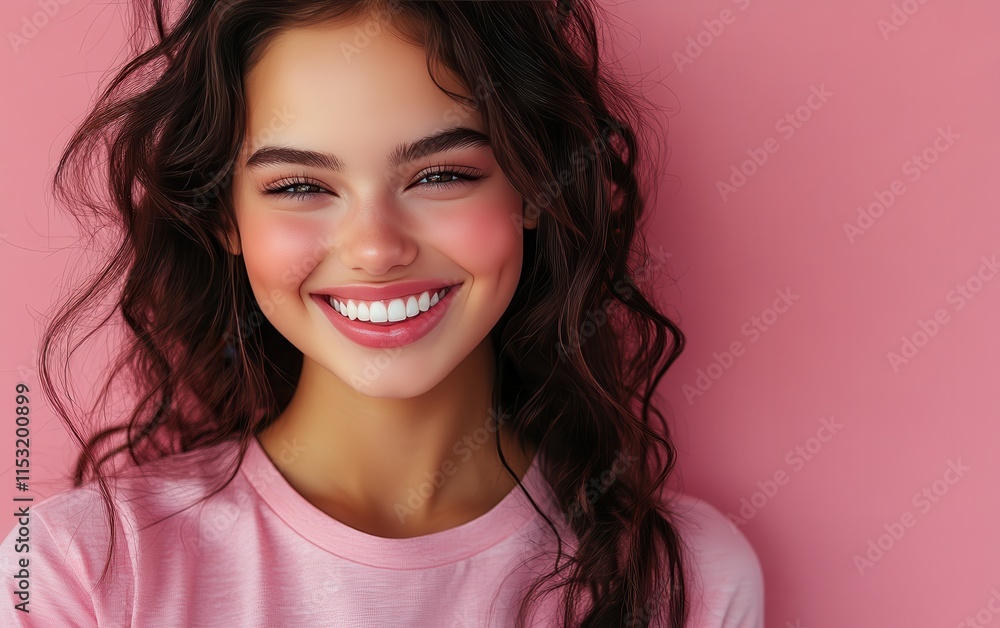 Naklejka premium Beauty girl smiling and wearing a t-shirt in studio color background