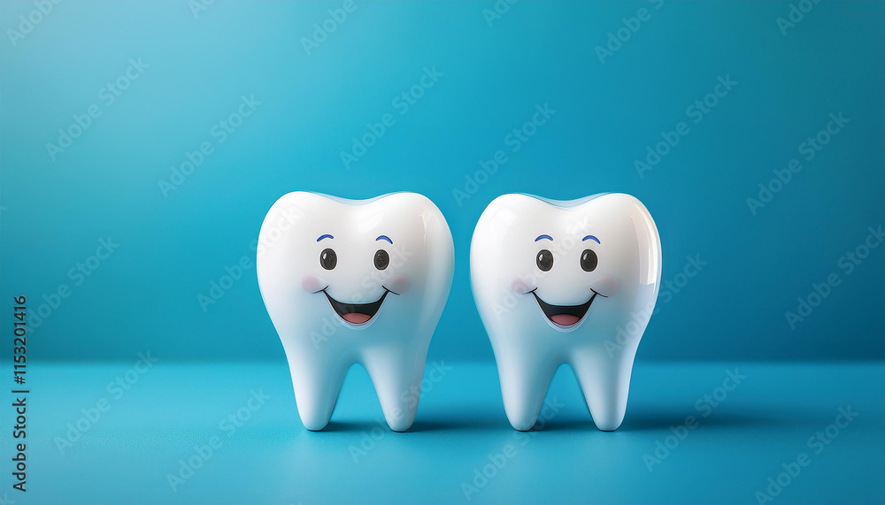 Two cartoon teeth, blue backdrop. Health and dental hygiene concept. Two cartoon teeth, blue backdrop. Health and dental hygiene concept.