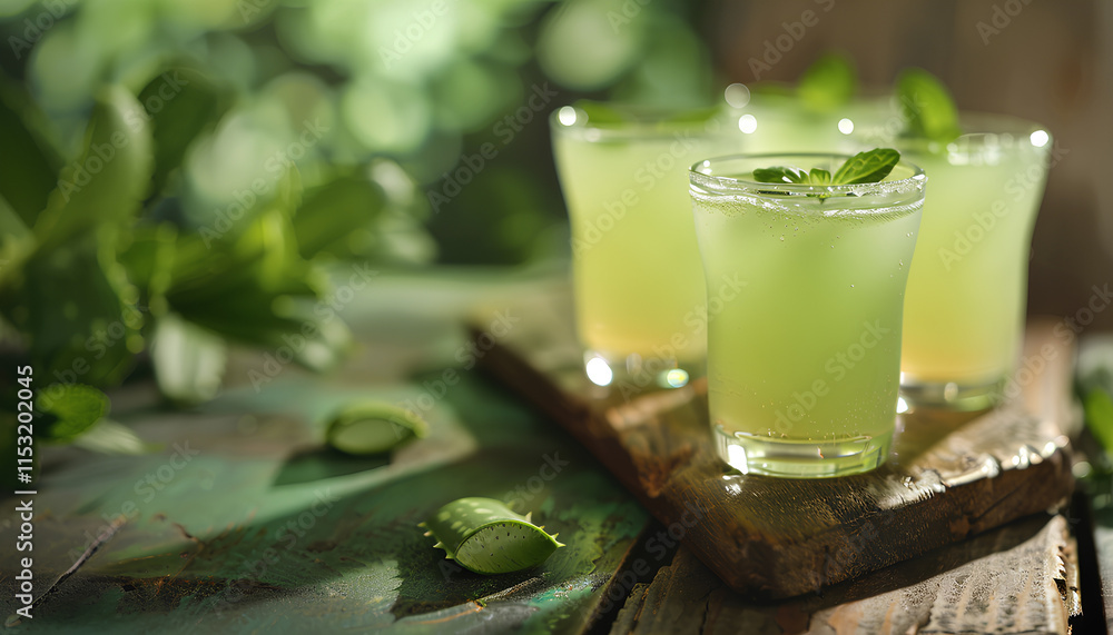 Fototapeta premium Tasty aloe juice in glasses on wooden table, space for text