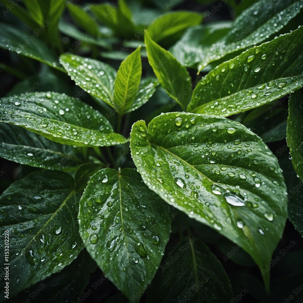 Create a close-up macro image of vibrant green leaves with intricate details. Focus on the textures, veins, and drops of water on the leaves, capturing the freshness and depth of nature. Create a close-up macro image of vibrant green leaves with intricate details. Focus on the textures, veins, and drops of water on the leaves, capturing the freshness and depth of nature.