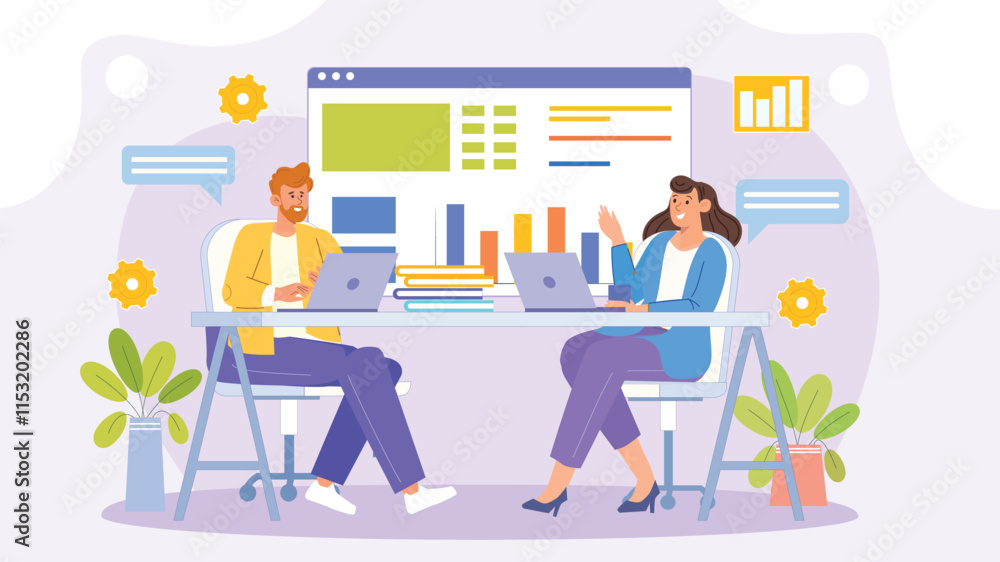 A corporate strategy consulting concept illustration highlighting data-driven insights. The scene features business professionals analyzing digital dashboards A corporate strategy consulting concept illustration highlighting data-driven insights. The scene features business professionals analyzing digital dashboards