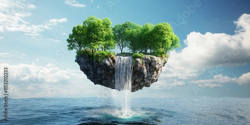 Suspended Rocky Island with Dense Trees, Waterfall Cascading into Ocean, Fantasy Scene, Serene Light photo