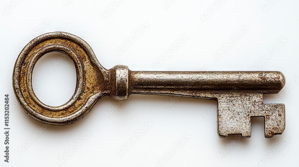 An old rusty skeleton key isolated on white. Ideal for security, history, or vintage-themed projects. An old rusty skeleton key isolated on white. Ideal for security, history, or vintage-themed projects.