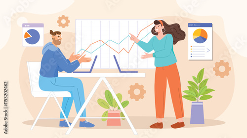 
A collaborative strategic consulting illustration depicting a team of professionals analyzing business growth. 