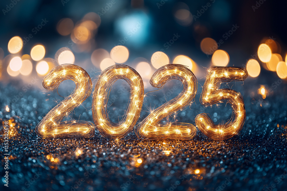New year banner or greeting card with Luminous inscription Hello 2025 New year banner or greeting card with Luminous inscription Hello 2025