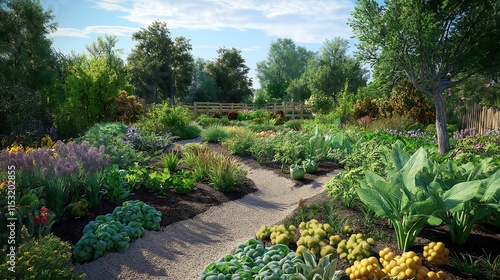 Garden path surrounded by trees and flowers in a peaceful park landscape