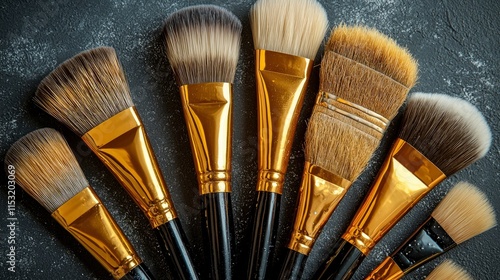 Various makeup brushes fanned out on a dark background. Ideal for beauty bloggers showcasing products or makeup tutorials. photo