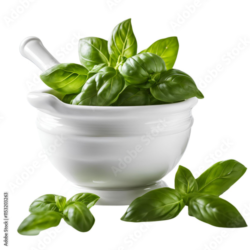 Handful of fresh basil leaves lies in a white ceramic mortar