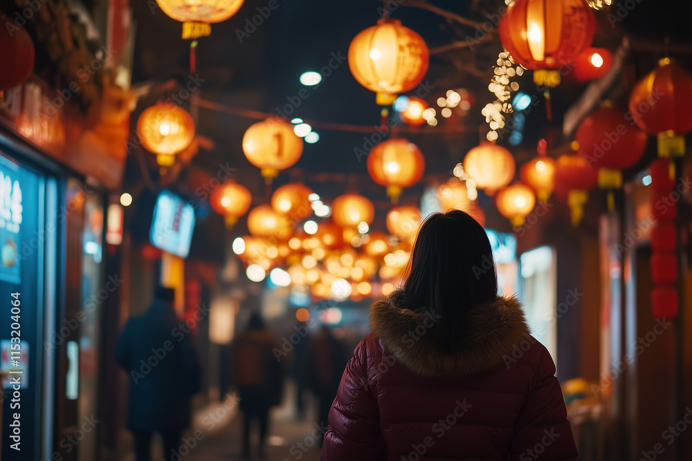 Fototapeta premium Illuminated lanterns hang over the street.
