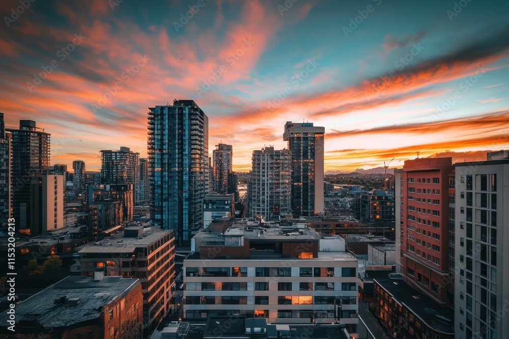 Obraz premium Urban skyline at sunset showcasing vibrant colors over city buildings with scenic clouds