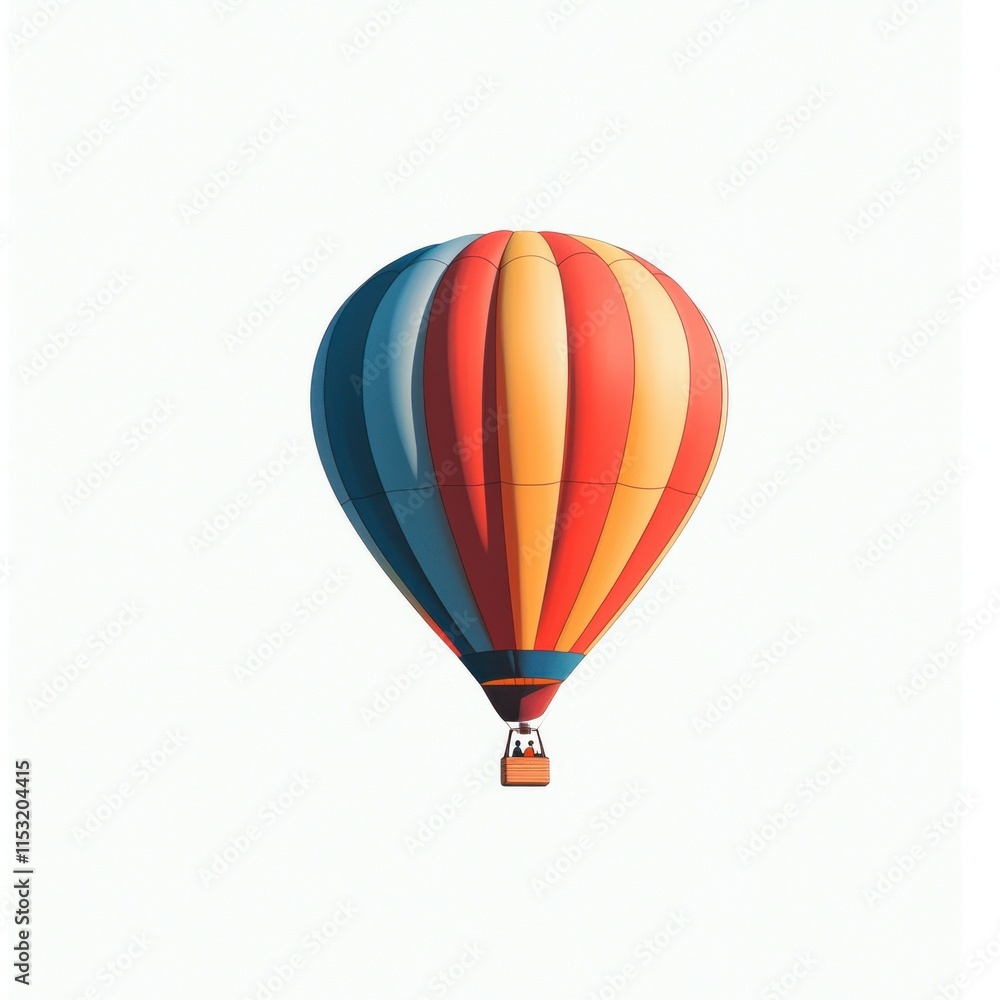 Fototapeta premium Colorful hot air balloon soaring against a clear sky, showcasing vibrant stripes and an inviting atmosphere, perfect for travel, adventure, and summer activities.