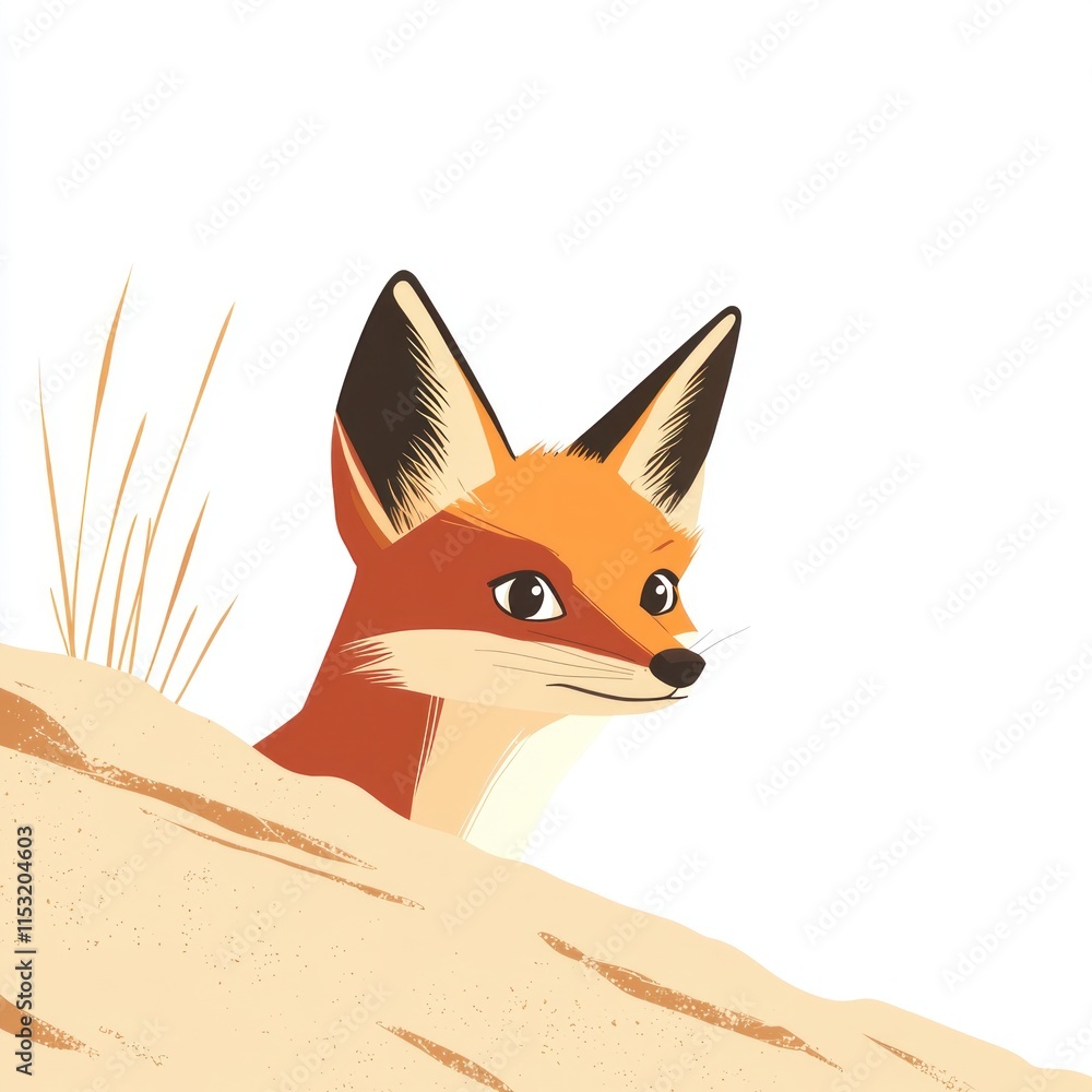Fototapeta premium Stylized Illustration of a Fox Peeking Over a Sand Dune in a Minimalist Design, Perfect for Nature, Wildlife, or Outdoor-Themed Projects