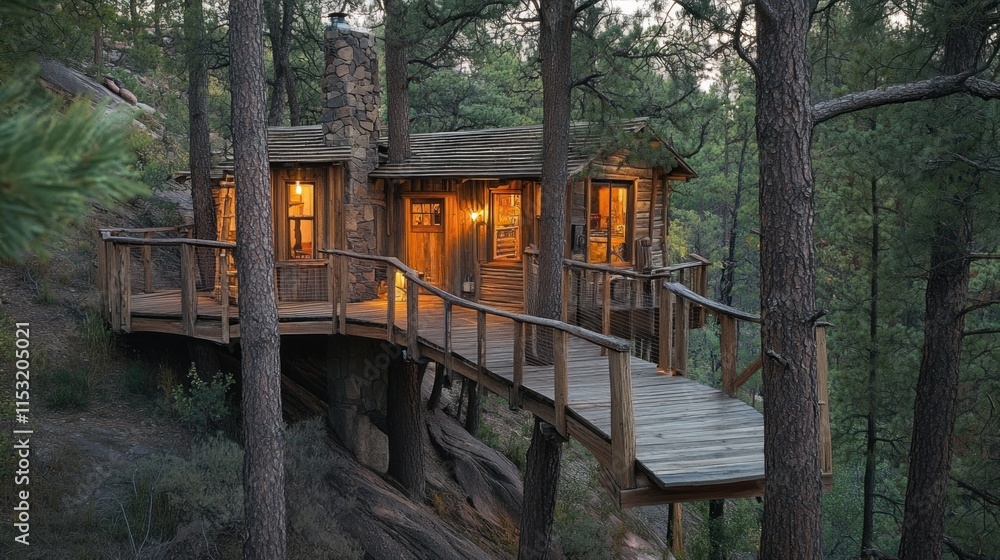 Rustic Cabin on a Wooden Walkway in a Pine Forest Rustic Cabin on a Wooden Walkway in a Pine Forest