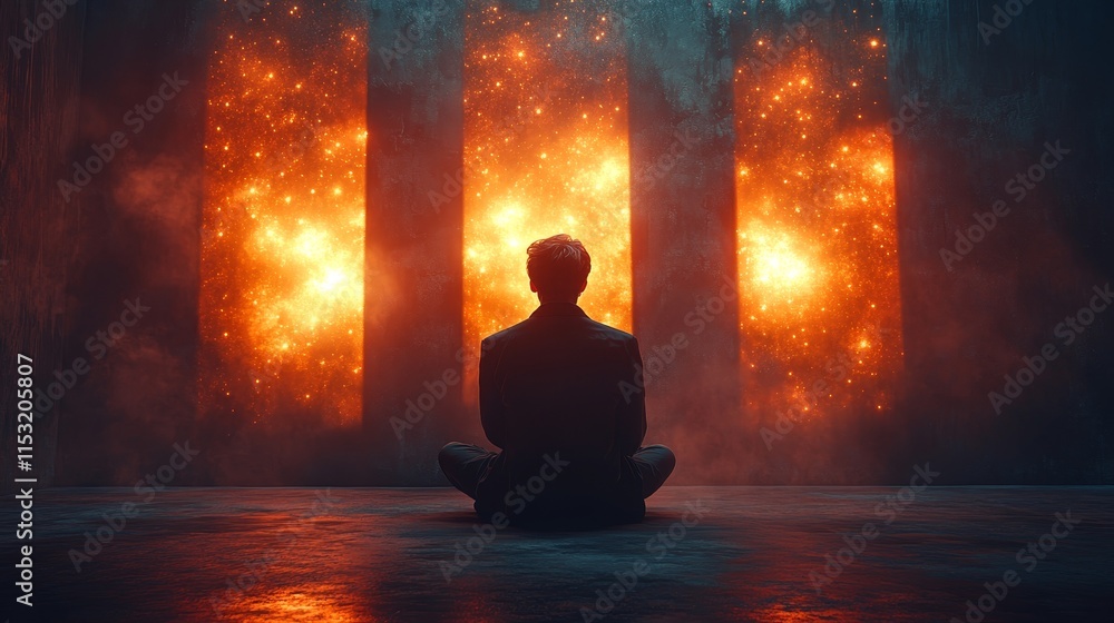 A man is sitting in a room with three glowing red pillars A man is sitting in a room with three glowing red pillars