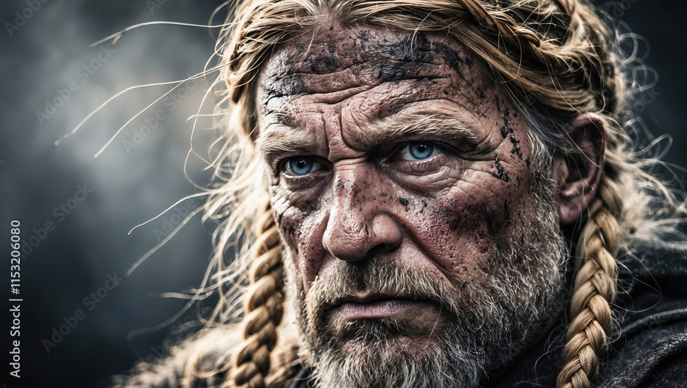 Fototapeta premium Detailed close-up of an intense warrior with braids, showcasing dramatic expressions and high-contrast lighting