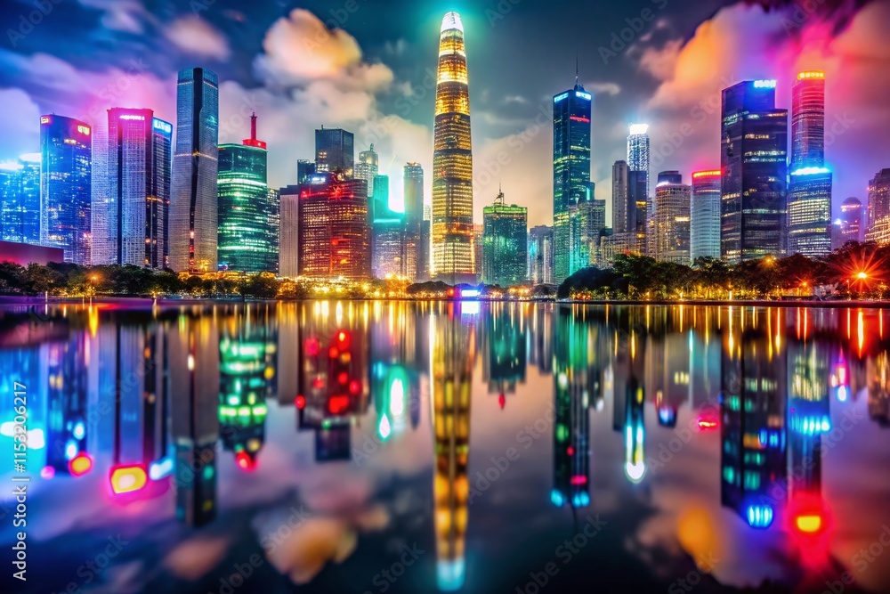Fototapeta premium Macro Photography: Vibrant Night Lights of Guangzhou's Zhujiang New Town CBD Skyline