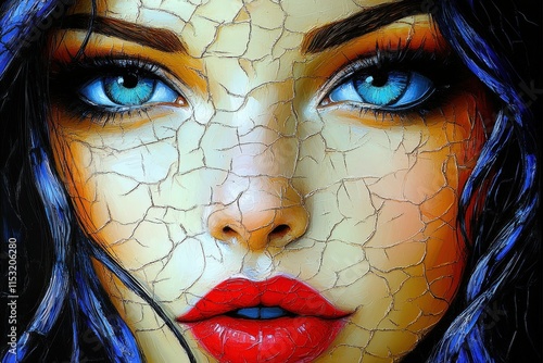 A stunning portrait of a young woman with striking blue eyes and vibrant red lips, showcasing cracked skin texture for an artistic effect.