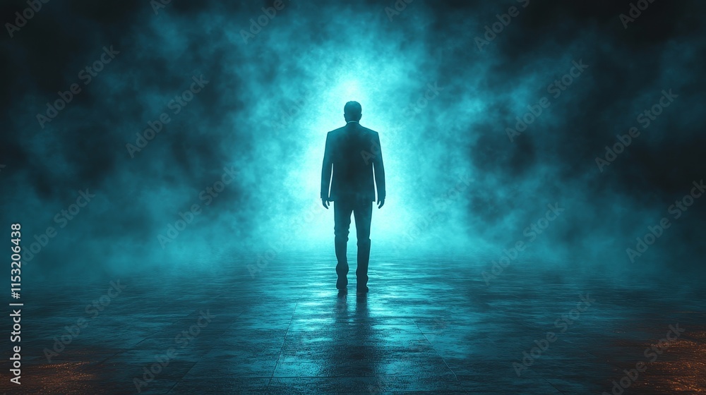 A man stands in a foggy, dark room A man stands in a foggy, dark room