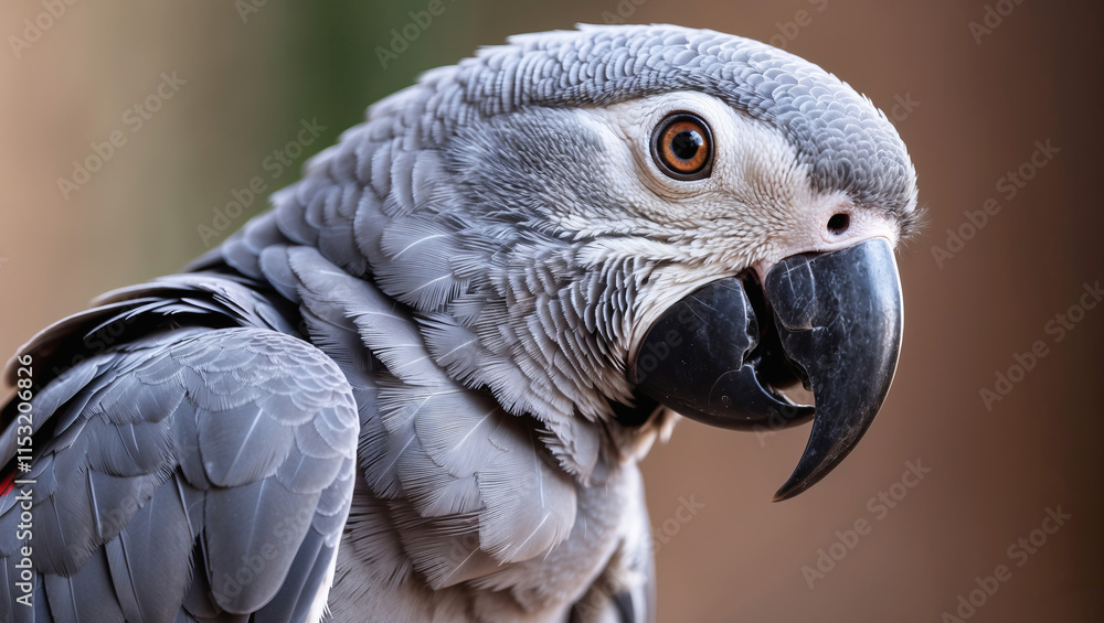 Fototapeta premium Vivid hyperrealistic macro photography of a gray parrot perched outdoors under natural light