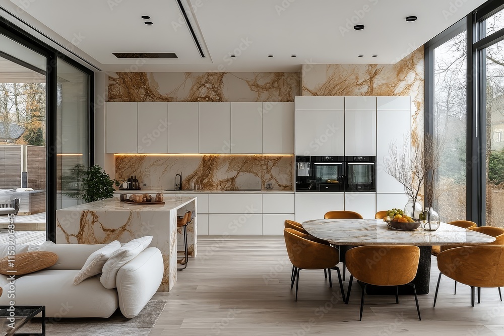 Fototapeta premium Modern minimalist kitchen with white cabinets, marble backsplash, black countertop in Scandinavian style, neutral tones, clean lines, wide-angle shot of home studio apartment.
