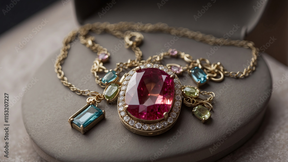 Gemstone necklace displayed elegantly in a luxurious box with a soft interior Gemstone necklace displayed elegantly in a luxurious box with a soft interior