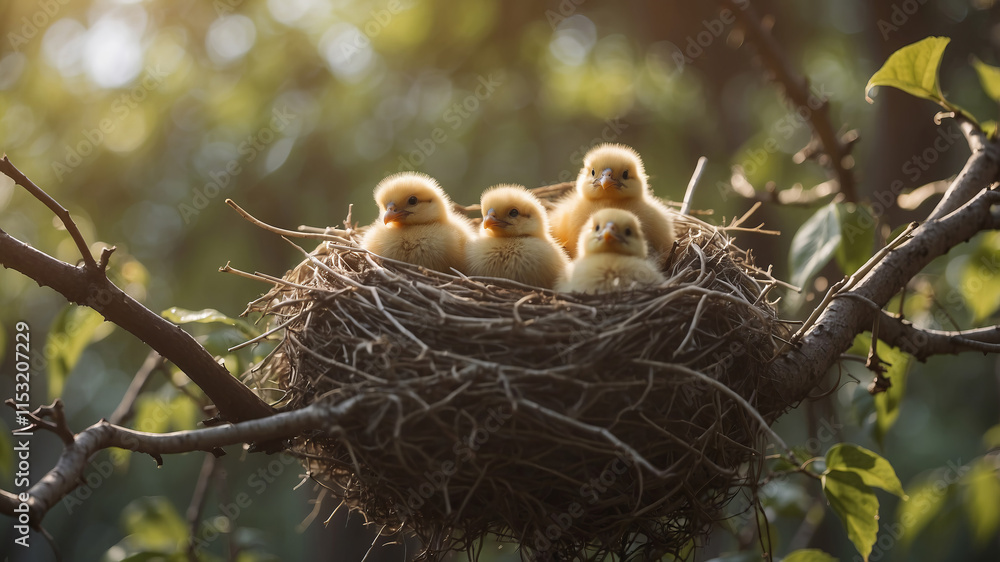 Nest of chicks huddled together amidst branches in a serene natural setting during golden hour Nest of chicks huddled together amidst branches in a serene natural setting during golden hour