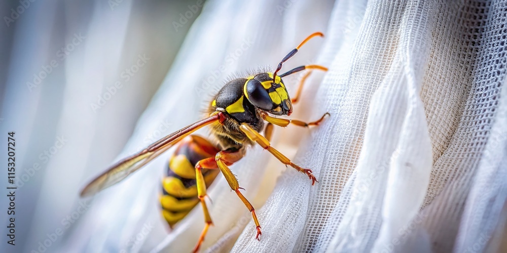 Naklejka premium Macro Photo: Wasp on Sheer Curtain - Stinging Insect Close-Up