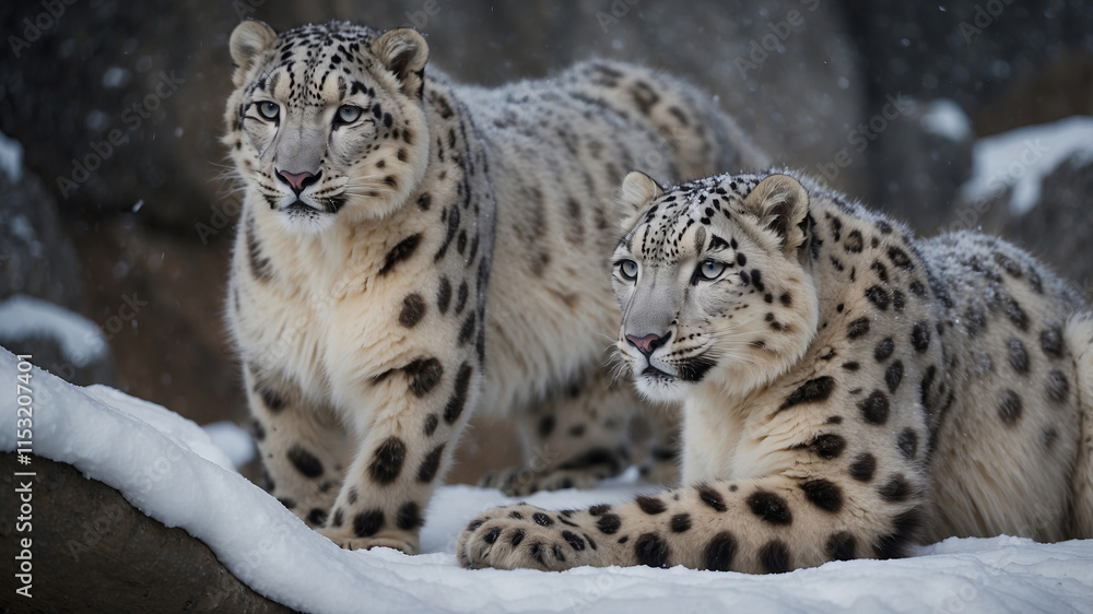Beautiful snow leopards exploring snowy rocks in a winter environment at dawn Beautiful snow leopards exploring snowy rocks in a winter environment at dawn