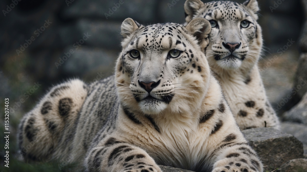 Snow leopards resting atop rocky terrain in a serene mountainous environment during twilight hours Snow leopards resting atop rocky terrain in a serene mountainous environment during twilight hours