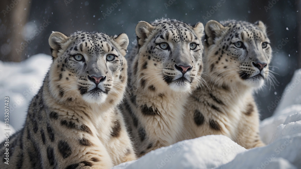 Snow leopards rest in a snowy landscape surrounded by winter scenery showcasing their majestic presence Snow leopards rest in a snowy landscape surrounded by winter scenery showcasing their majestic presence