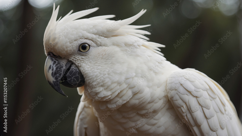 Captivating close-up of a white cockatoo showcasing its unique features in a natural setting Captivating close-up of a white cockatoo showcasing its unique features in a natural setting