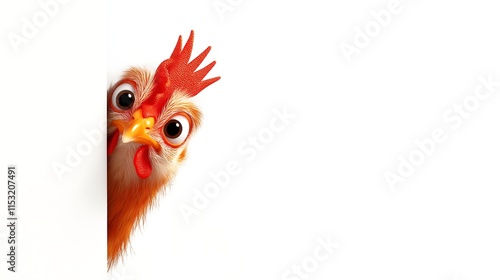 Funny real chicken peeks out from around the corner Isolated on white background