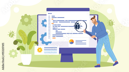 
An illustration of the efficient software debugging process, featuring a flowchart with error detection, code analysis, and troubleshooting steps, symbolizing a streamlined approach to fixing softwar