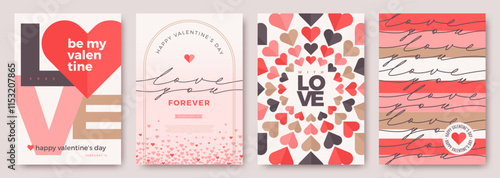 Set of Valentines Day greeting card. Trendy minimalist aesthetic design with hearts, typograpty and lettering. Template for invitation, cover, banner, poster, flyer. Vector illustration.
