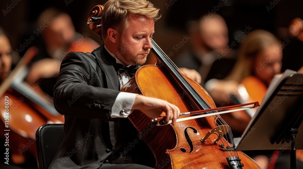 Fototapeta premium Cello Player in an Orchestra Setting