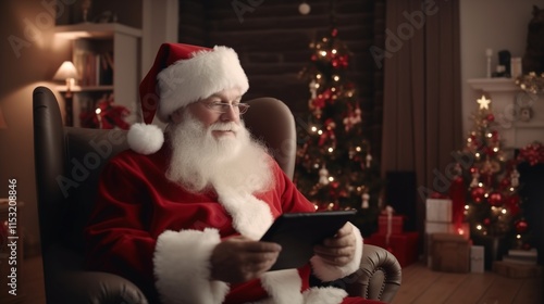 Wide shot of Santa Claus sitting in his chair, using an iPad, cinematic lighting