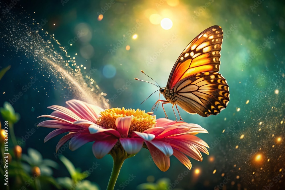 Magical Butterfly Ride: Giant Floating Petal with Glowing Pollen Trail - Fantasy Stock Photo Magical Butterfly Ride: Giant Floating Petal with Glowing Pollen Trail - Fantasy Stock Photo