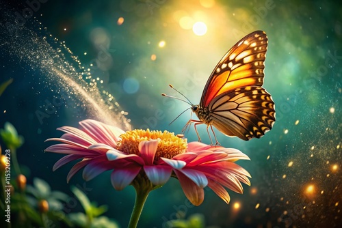 Magical Butterfly Ride: Giant Floating Petal with Glowing Pollen Trail - Fantasy Stock Photo