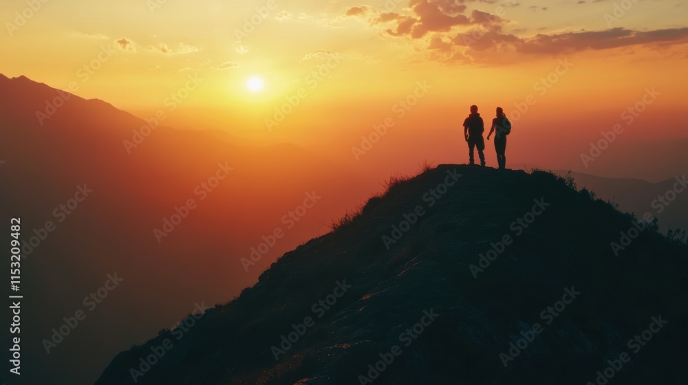 Two people are standing on a mountain top at sunset Two people are standing on a mountain top at sunset