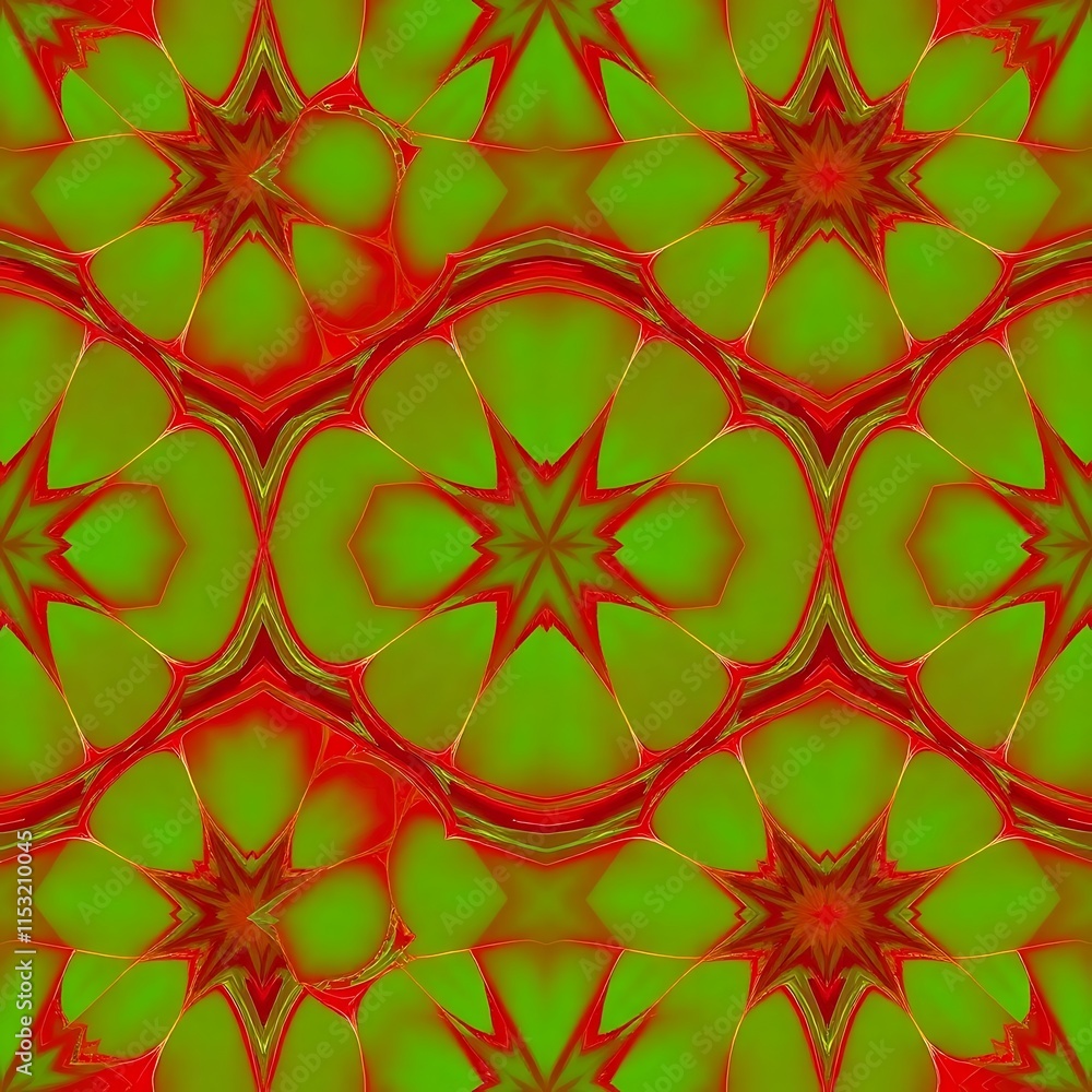 Fototapeta premium Vibrant Red and Green Kaleidoscope Pattern: A mesmerizing, seamless pattern featuring a kaleidoscope of red and green tones. The intricate design creates a captivating visual experience.