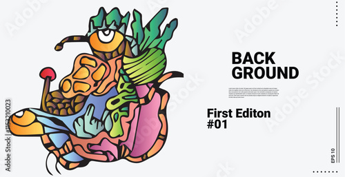 cute monster doodle art background. smile, eyes, beak, bird, scram, illustration design