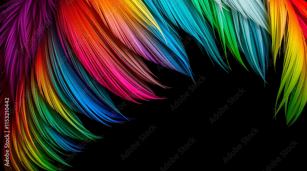 Fototapeta premium A vibrant abstract feather texture with rainbow colors set against an intense jet black background.